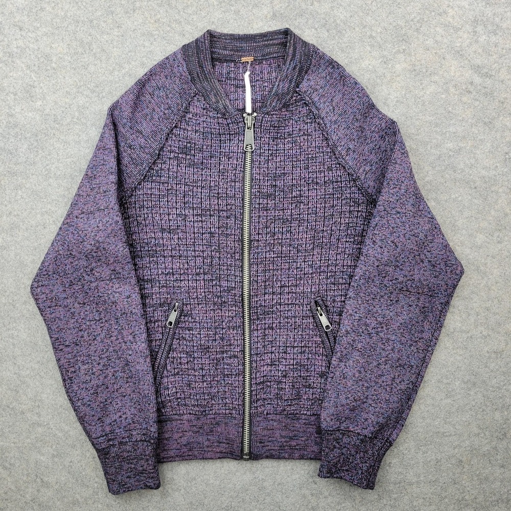 Free People Sweater Womens XS Purple Waffle Knit Full Zip Bomber Jacket Raglan